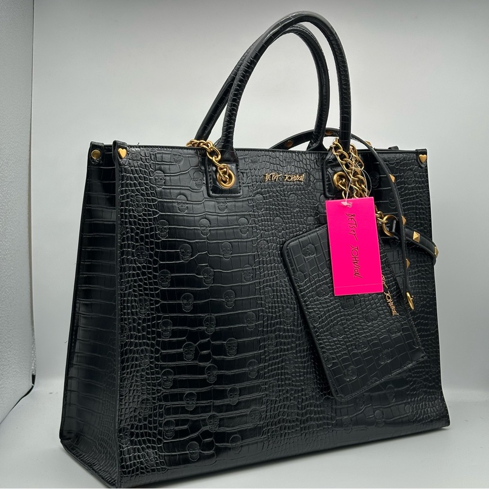 Betsey Johnson Black Croc-Embossed Tote with Pink Tag